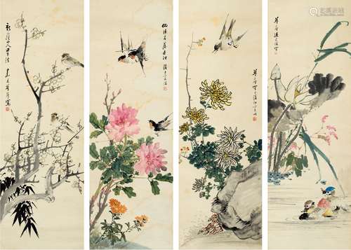 朱偁（1826～1900） 花鸟四景 四屏 设色纸本