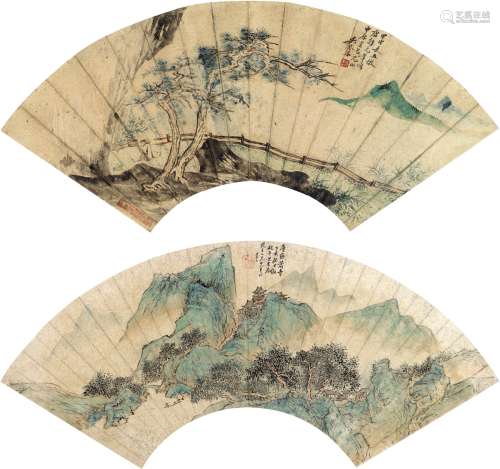 吴琴木 朱昂之（1894～1953） 观山图·层峦萧寺图 （二帧） 扇页 设色泥金纸本·设色洒金纸本