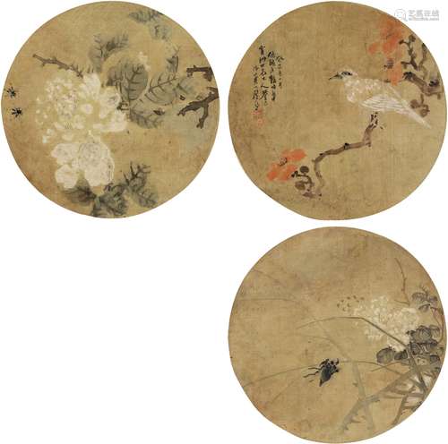 居廉（1828～1904） 1893年作 花鸟三帧 （三帧） 扇页 设色绢本