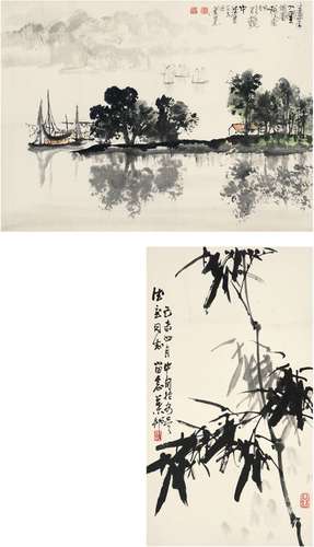 黄纯尧 黄叶村（1925～2007） 青峯重烟图·墨竹图 镜片·立轴 设色纸本·水墨纸本