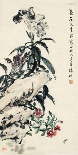 潘君诺（1906～1981） 1949年作 山石草虫图 画心 设色纸本