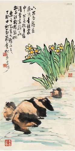 曹简楼（1913～2005） 1987年作 溪头水仙图 画心 设色纸本