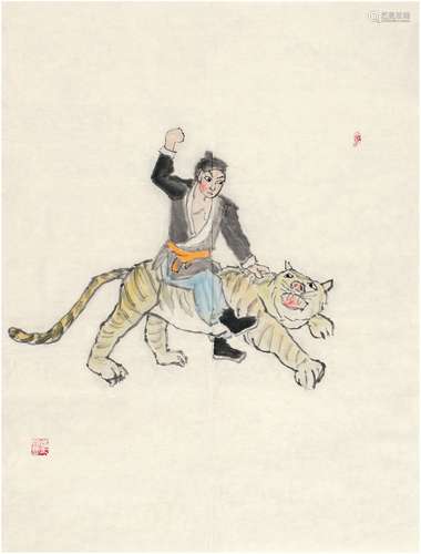 关良（1900～1986） 武松打虎图 画心 设色纸本