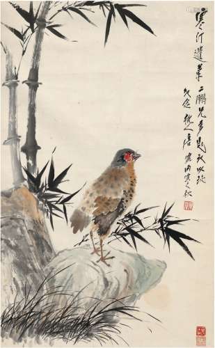 江寒汀 唐云（1904～1963） 1986年作 竹石禽憩图 镜片 设色纸本