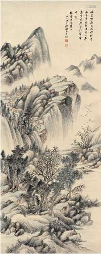 沈剑知（1901～1975） 1942年作 秋山野村图 镜片 设色纸本