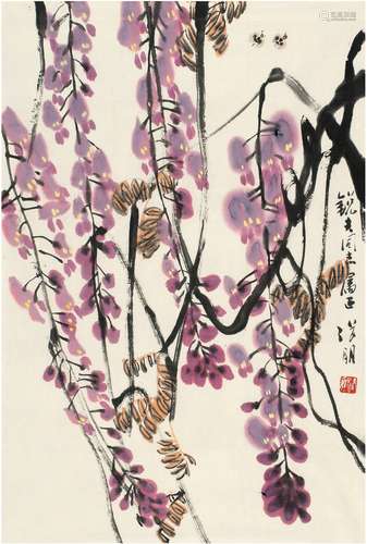 张朋（1918～2009） 紫藤蜜蜂图 画心 设色纸本