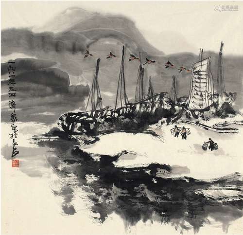 方济众（1923～1987） 1981年作 归渔图 画心 设色纸本