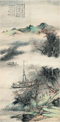 汪琨（1877～1946） 秋江夜月图 画心 设色纸本