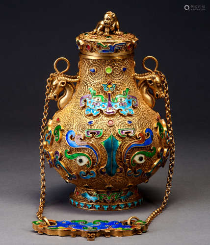 十九世紀銀鎏金燒藍獸耳提壺