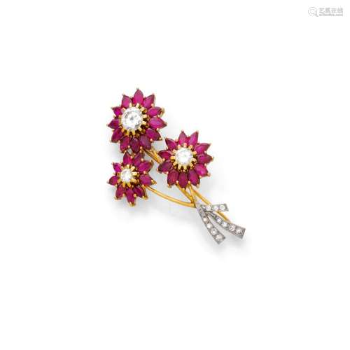 RUBY AND DIAMOND BROOCH, ca. 1960.