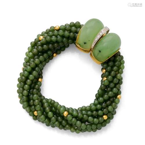 NEPHRITE, DIAMOND AND GOLD BRACELET.