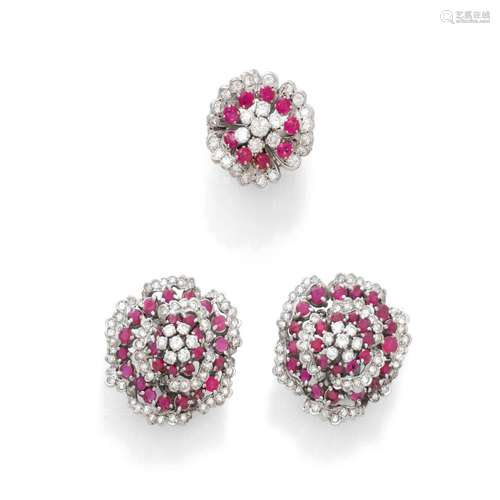 RUBY AND DIAMOND CLIP EARRINGS WITH RING, ca. 1960.