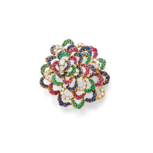 GEMSTONE AND DIAMOND BROOCH.