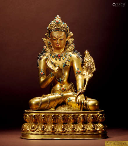 十八世紀 西藏 銅鎏金嵌寶石蓮花手菩薩 