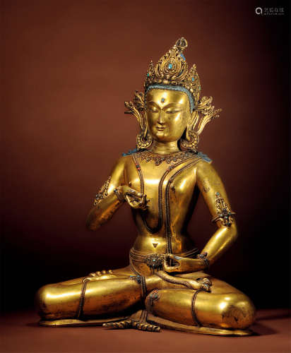十五世紀 西藏 銅鎏金嵌綠松石金剛薩錘（背小绺）
