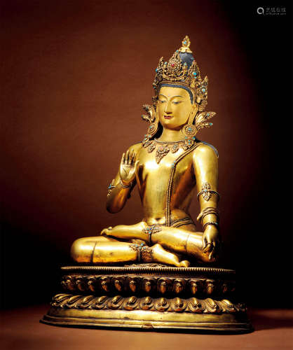 十七世紀 西藏 銅鎏金嵌寶石觀音觀音