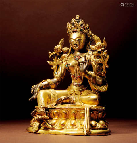 十七世紀 漢藏 銅鎏金嵌寶石綠度母