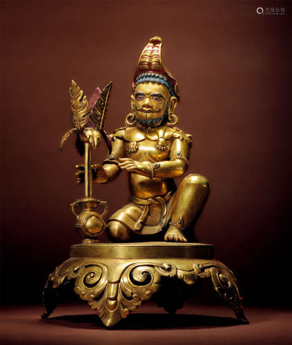 十七世紀 西藏 銅鎏金嵌綠松石象頭財神