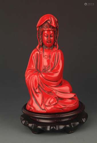 A FINE RED COLOR GUAN YIN STATUE