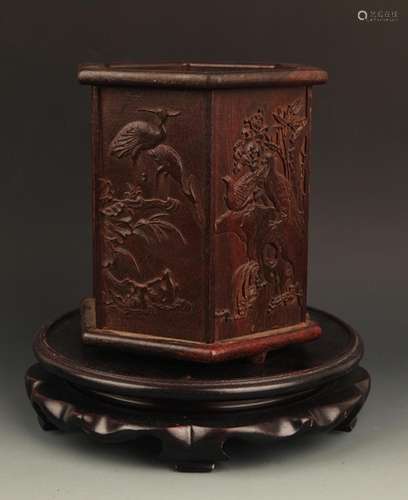 A FINE PHOENIX CARVING HUANG HUA LI MU BRUSH POT