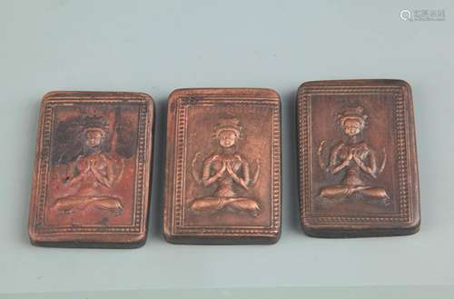 GROUP OF THREE BUDDHA CARVING BRONZE INK BOX