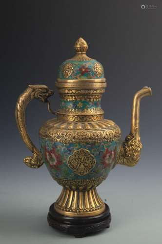 A FINE BRONZE CLOISONNE ENAMEL DRAGON HANDLE EWER