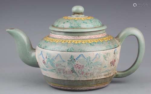 A LARGE BLUE COLOR FINELY PAINTED ZISHA TEA-POT