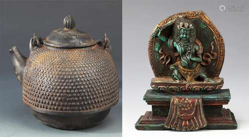 A FINE TIBETAN BUDDHA FIGURE AND IRON TEAPOT