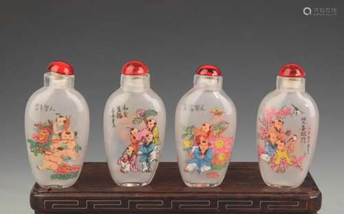 GROUP OF FOUR BOY PAINTED SNUFF BOTTLE