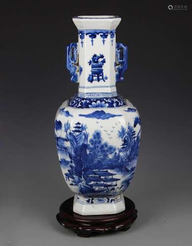 BLUE AND WHITE CHARACTER PATTERN DOUBLE EAR VASE