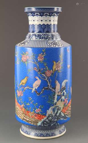 BLUE GROUND FAIENCE COLOR FLOWER AND BIRD WOODEN CLUB STYLE VASE