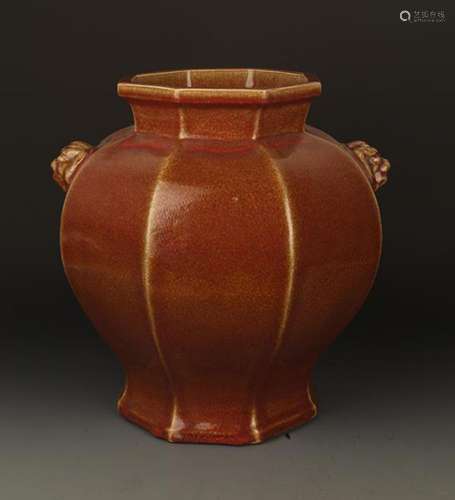 A FINE RED COLOR LANG YAO EIGHT SIDE VASE