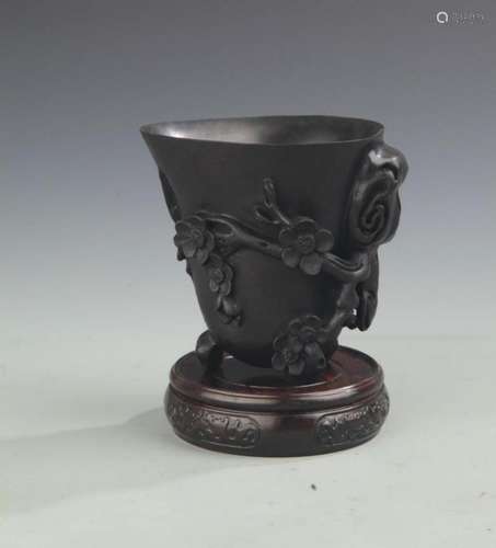 SANDALWOOD PLUM BLOSSOM FLOWER CARVING CUP