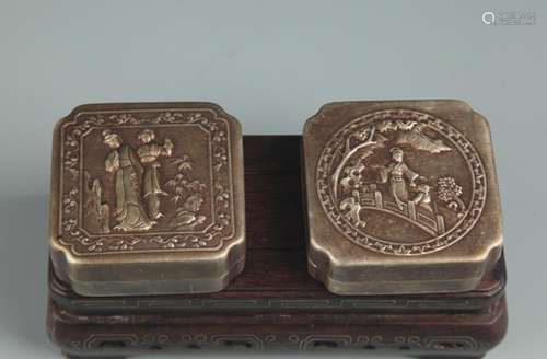 PAIR OF FINELY CARVED BRONZE INK BOX