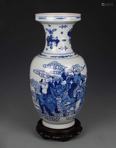 A BLUE AND WHITE, STORY PAINTED PLATE TOP VASE