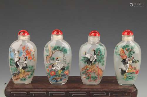 GROUP OF FOUR CRANE PAINTED SNUFF BOTTLE