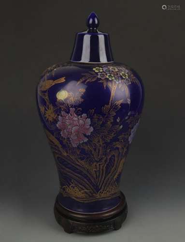 DARK BLUE GLAZE FLOWER AND BIRD PAINTED PORCELAIN VASE