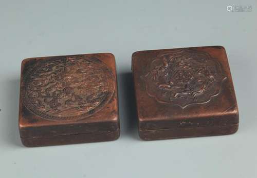 PAIR OF ANIMAL CARVING BRONZE INK BOX