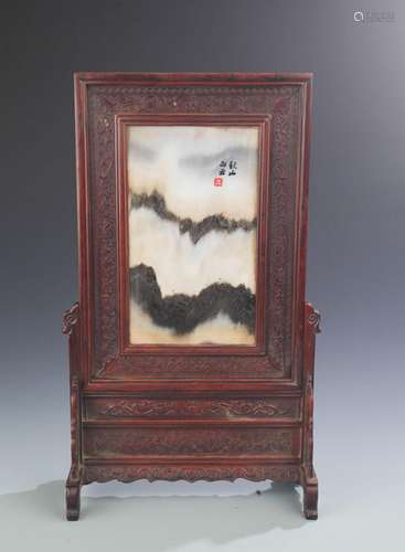 A FINE HUA LI MU TABLE PANEL INLAY WITH MARBLE