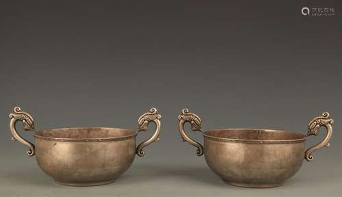 PAIR OF FINE DRAGON HANDLE BRONZE BOWL