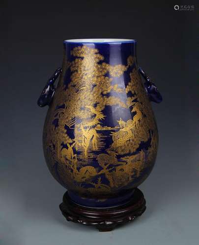 A GILT DARK BLUE COLOR ANIMAL PATTERN DEER HEAD STYLE VASE