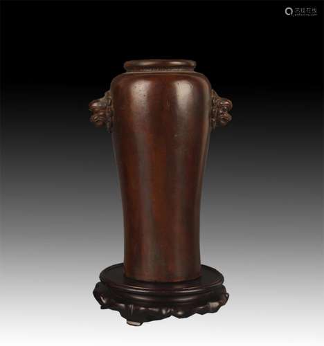 A FINE DOUBLE LION EAR BRONZE VASE