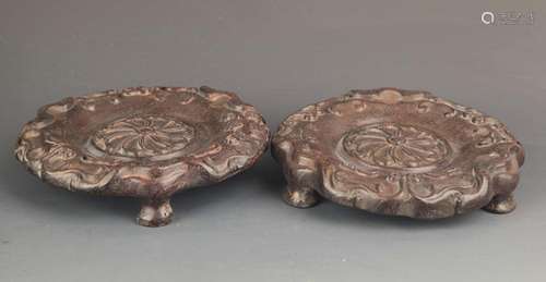 PAIR OF SANDALWOOD FLOWER CARVING WOODEN BASE