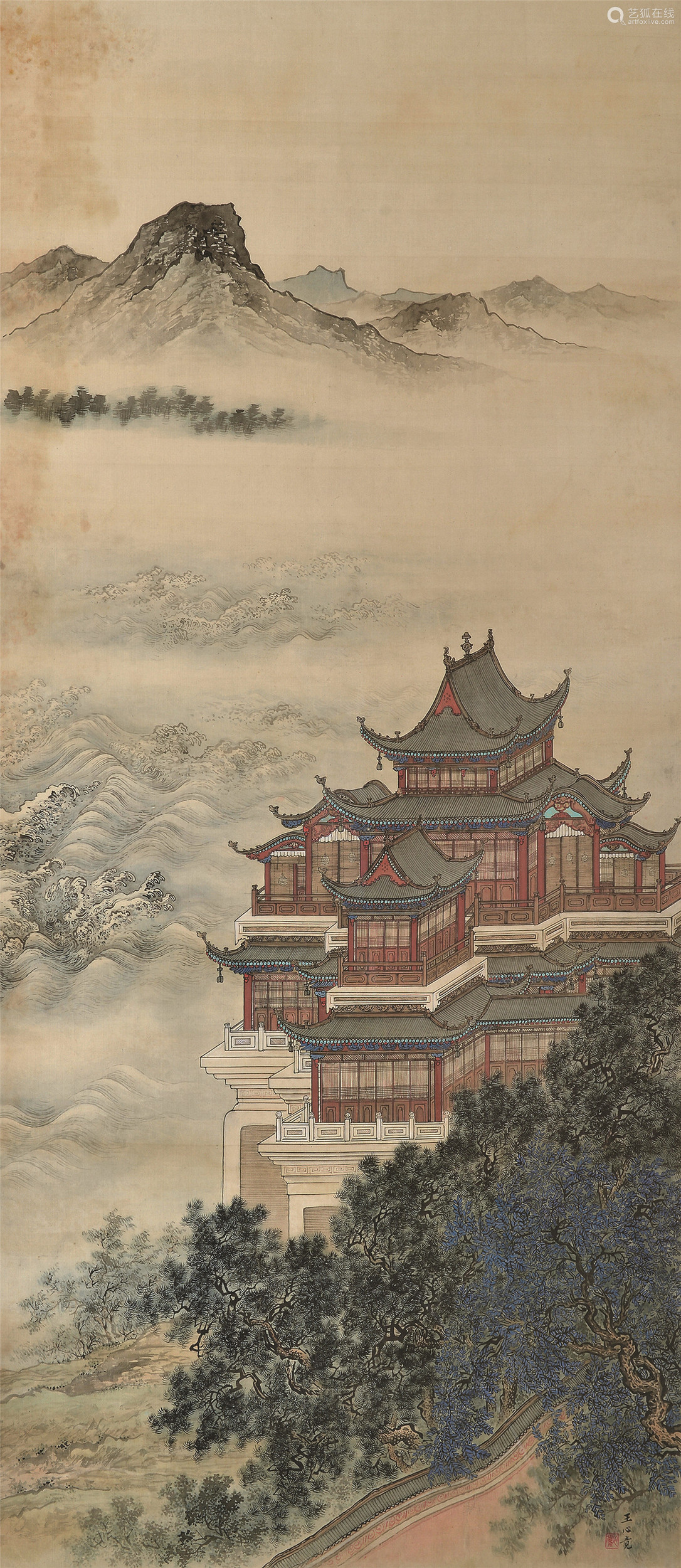 王心竟 界画山水 镜框 纸本设色