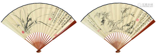 樊浩霖 袁培基（1885～1962） 花卉山水 成扇 纸本设色