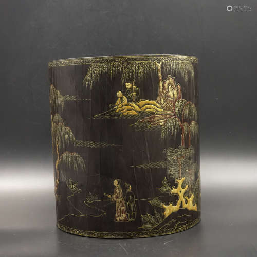 CHINESE GILDED LACQUER WOOD BRUSH POT, MARKED
