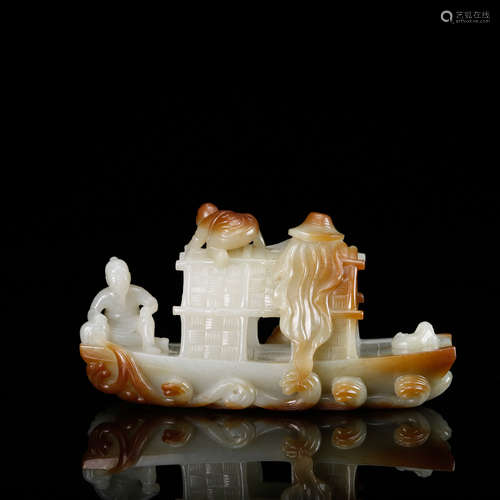 WHITE JADE CARVED RIVER BOAT