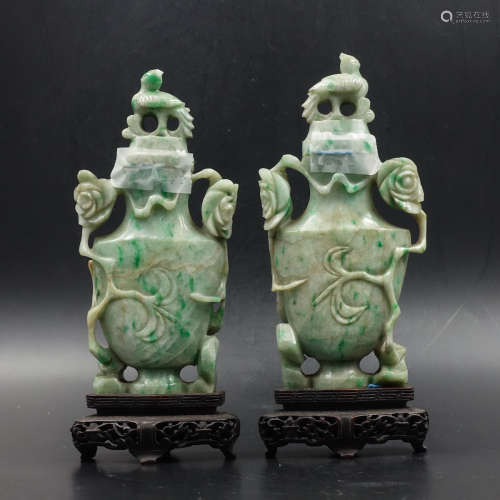 CHINESE PAIR OF JADEITE VASES WITH STAND