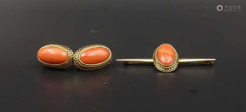 CHINESE CORAL 14K EARRING AND BROOCH