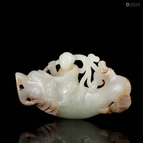 WHITE JADE CARVED BOY ON FISH